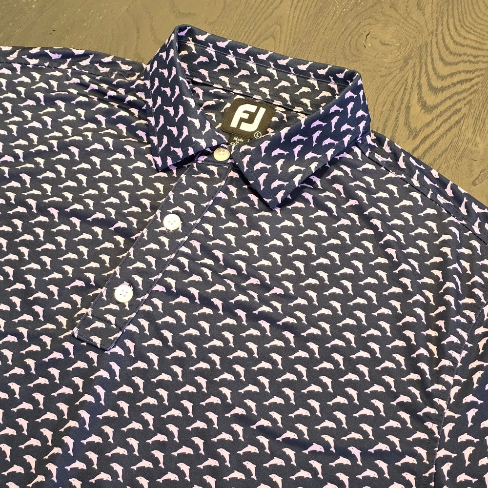 FootJoy Mens ProDry Golf Polo Shirt Large Navy Blue Dolphin Print Performance